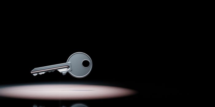 Metal Key Spotlighted on Black Background with Copy Space 3D Illustration