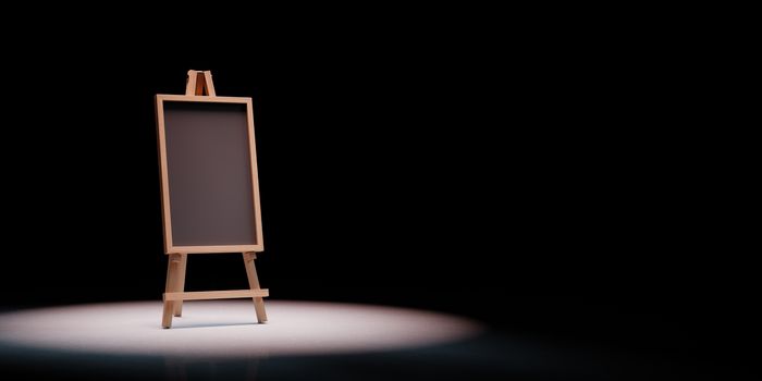 Blank Blackboard on Wooden Easel Spotlighted on Black Background with Copy Space 3D Illustration