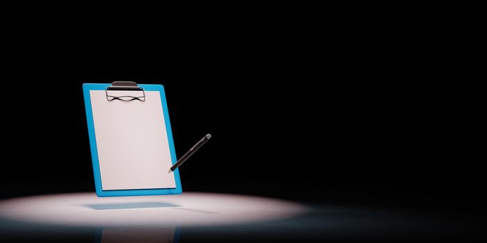 Blue Clipboard with Blank Paper and a Black Ball-point Pen Spotlighted on Black Background with Copy Space 3D Illustration