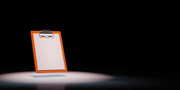 Orange Clipboard with Blank Paper Spotlighted on Black Background with Copy Space 3D Illustration