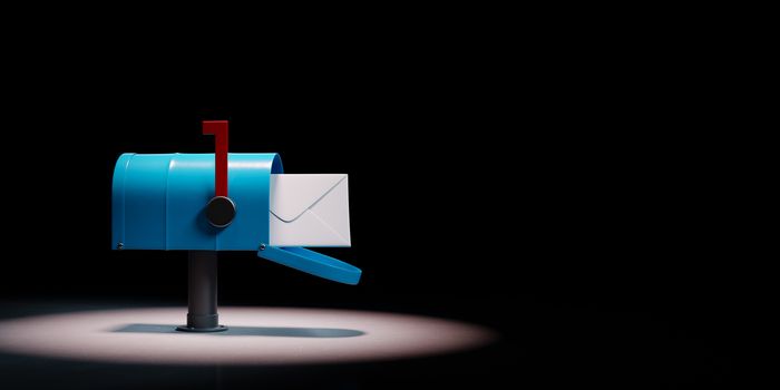 Blue Mailbox with Envelop Spotlighted on Black Background with Copy Space 3D Illustration