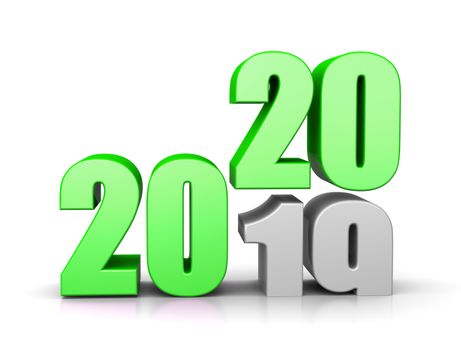 Green 2020 Year Number Text on Top of 2019 on White Background 3D Illustration, Time Passes Concept