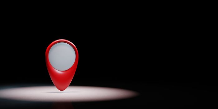 Red Map Pointer Spotlighted on Black Background with Copy Space 3D Illustration