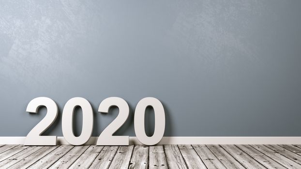 White 2020 Number Text Shape on Wooden Floor Against Grey Wall with Copyspace 3D Illustration