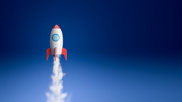 Red and White Cartoon Spaceship Flying on Blue Background with Copy Space 3D Illustration