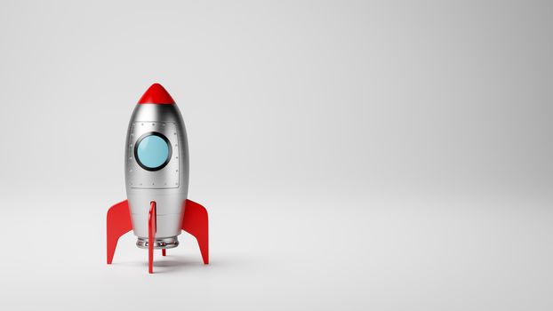 Cartoon Spaceship on White Gray with Copy Space 3D Illustration, Startup Concept