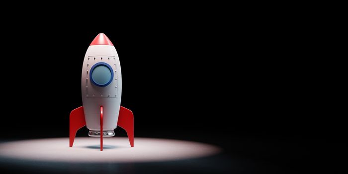 Red and White Cartoon Spaceship Spotlighted on Black Background with Copy Space 3D Illustration, Startup Concept