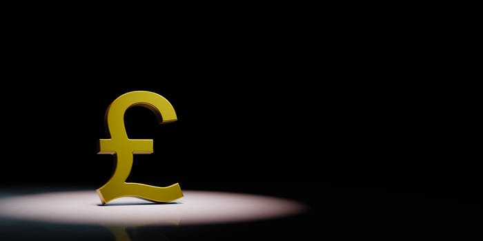 Golden Pound British Currency Symbol Shape Spotlighted on Black Background with Copy Space 3D Illustration