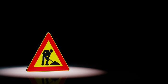 Men at Work Warning Triangle Road Sign Spotlighted on Black Background with Copy Space 3D Illustration
