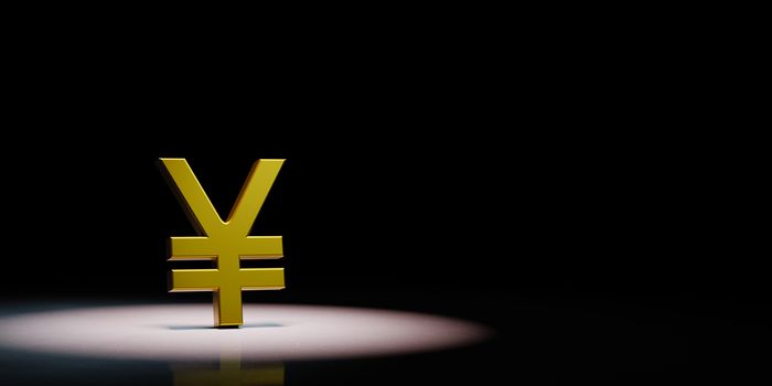 Golden Yuan or Yen Currency Symbol Shape Spotlighted on Black Background with Copy Space 3D Illustration