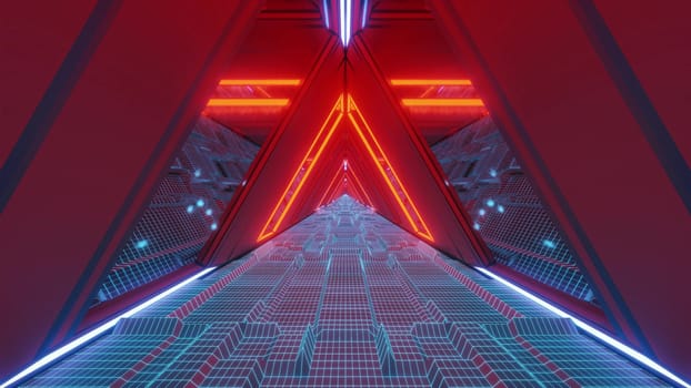 technical scifi space warship tunnel corridor with glowing wireframe bottom an glass windows 3d illustration wallpaper background graphic design, futuristic sci-fi hangar 3d rendering design
