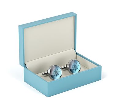 Box with cufflinks on white background