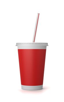 One Single Red Fast Food Paper Cup with Straw Isolated on White Background 3D Illustration