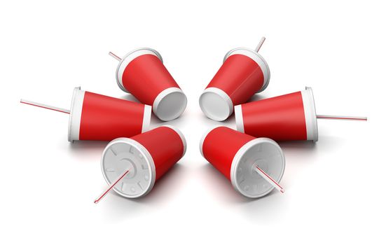 Red Fast Food Drinking Cups with Straw on White Background 3D Illustration