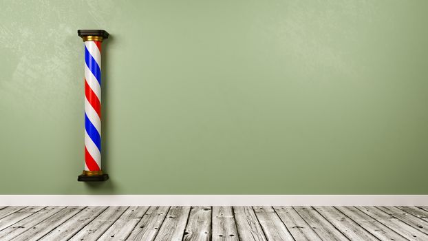 Barbershop Symbol Against Green Wall in a Wooden Floor Room with Copy Space 3D Illustration