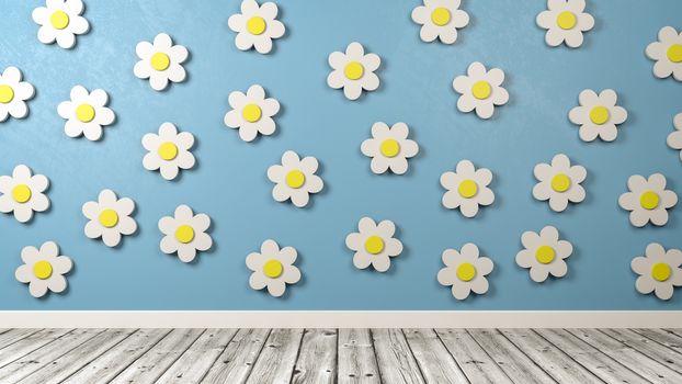 White Daisy Flower 3D Shapes on a Blue Wall in the Room 3D Illustration