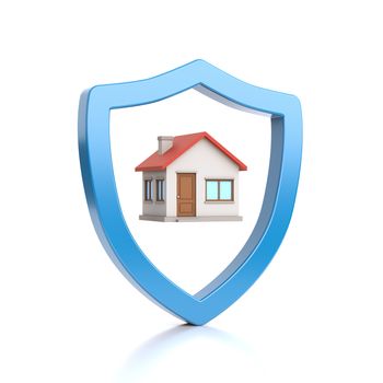 Blue Outline Shield Shape Protecting the House on White Background 3D Illustration