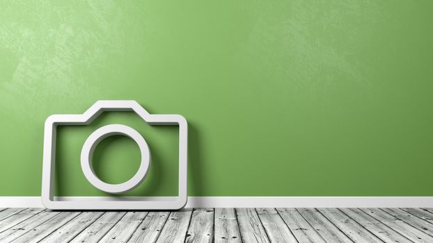 White Camera 3D Symbol Shape on Wooden Floor Against Green Wall with Copy Space 3D Illustration