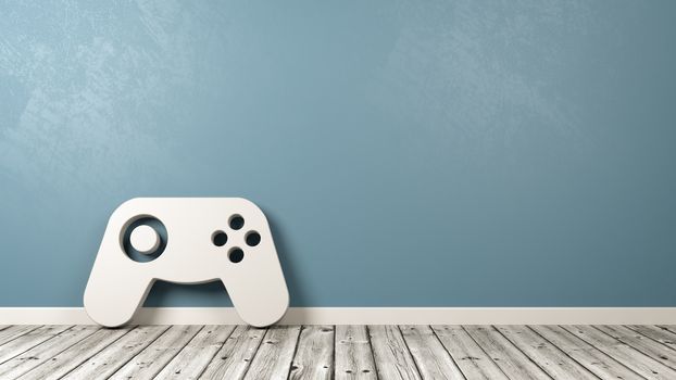 White Gamepad Controller 3D Symbol Shape on Wooden Floor Against Blue Wall with Copy Space 3D Illustration