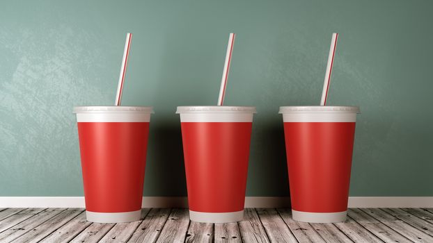 Red Fast Food Drinking Cups with Straw on Wooden Floor Against Blue Wall 3D Illustration
