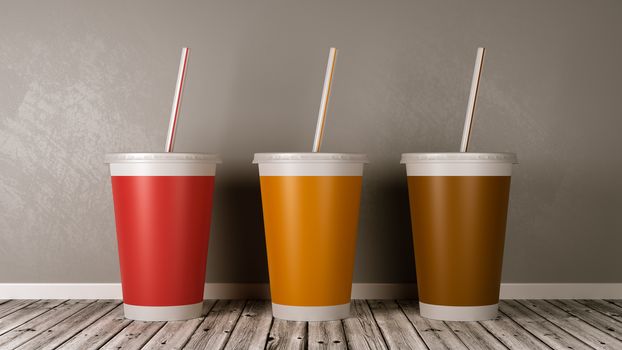 Fast Food Drinking Cups with Straw on Wooden Floor Against Gray Wall 3D Illustration