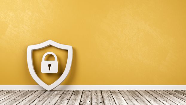 White Shield 3D Symbol Shape with Padlock on Wooden Floor Against Yellow Wall with Copy Space 3D Illustration