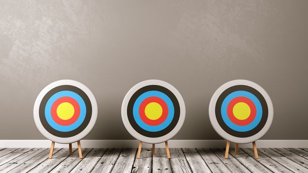 Three Colorful Arrow Targets on Wooden Floor in a Gray Wall Room with Copy Space 3D Illustration