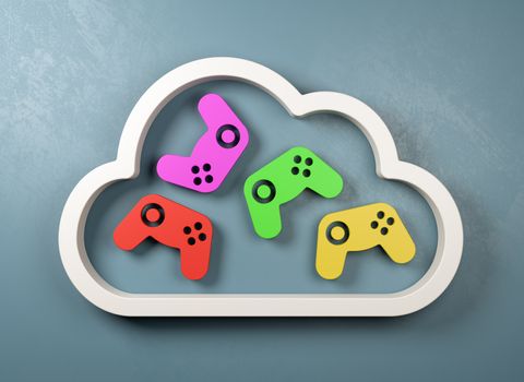 White 3D Cloud Symbol Shape with Colorful Gamepad Controllers Inside on a Blue Wall 3D Illustration, Cloud Gaming Concept