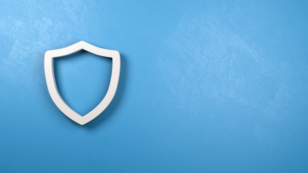 White Shield 3D Symbol Shape on a Blue Plastered Wall with Copy Space 3D Illustration