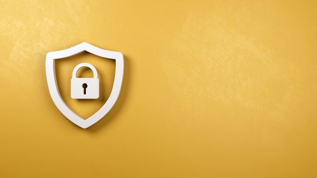 White Shield 3D Symbol Shape with Padlock on a Yellow Plastered Wall with Copy Space 3D Illustration