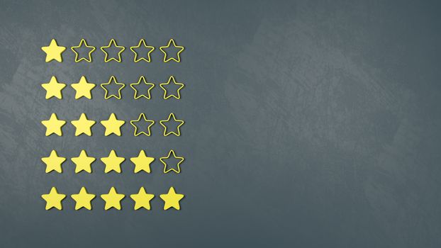 Set of Five Yellow Star Shapes with Copy Space 3D Illustration, Rating and Survey Concepts