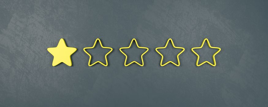 One of Five Yellow Star Shapes 3D Illustration, Very Bad Rating Concepts