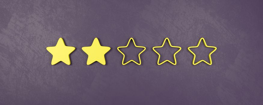 Two of Five Yellow Star Shapes 3D Illustration, Bad Rating Concepts