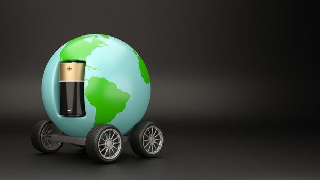 World Planet with Wheels Powered by an Electric Battery on Black Background with Copyspace 3D Illustration