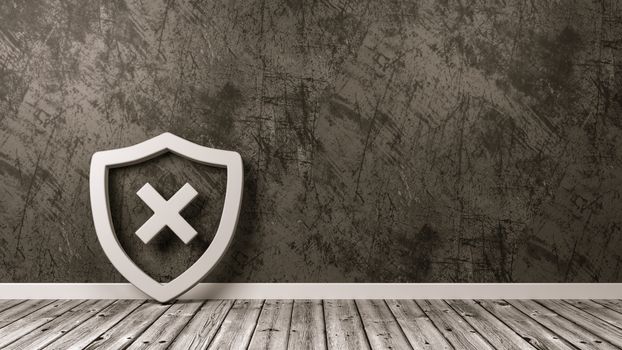 White Shield 3D Symbol Shape with Cross on Wooden Floor Against Gray Wall with Copy Space 3D Illustration