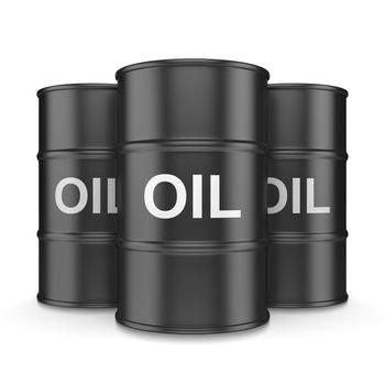 Three Black Oil Barrels on White Background 3D Illustration