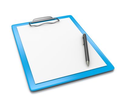 Blue Clipboard with Blank Paper and a Black Ball-point Pen on White Background 3D Illustration