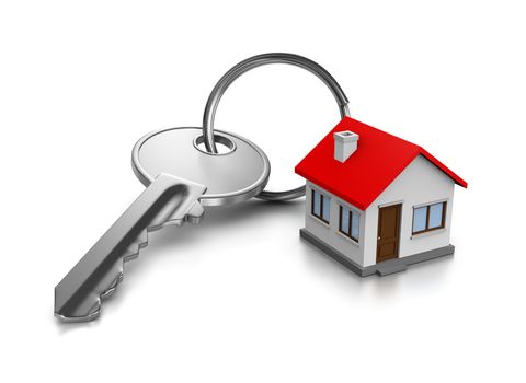 Metal Key with Key Rings in the Shape of a House on White Background 3D Illustration