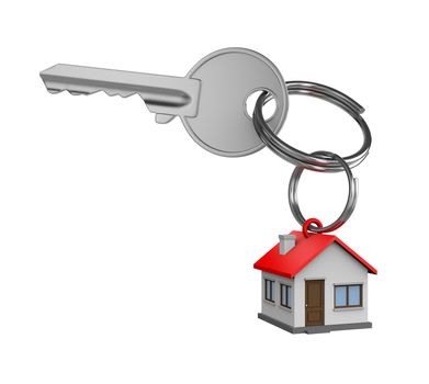 One Single Metal Key with Key Rings in the Shape of a House Isolated on White Background 3D Illustration