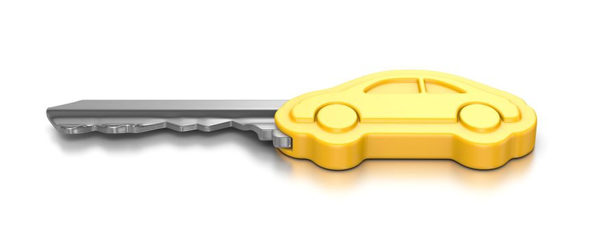 One Single Metal Key with Yellow Plastic Head in the Shape of a Car on White Background 3D Illustration