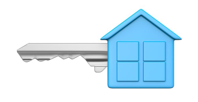 One Single Metal Key with Blue Plastic Head in the Shape of an House Isolated on White Background 3D Illustration