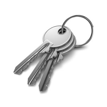 Three Metal Keys with Key Rings on White Background 3D Illustration