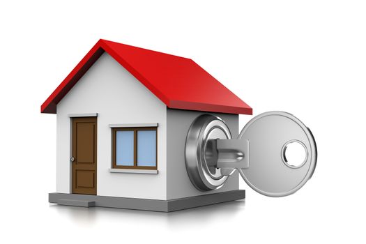 Metal Key Inserted in an House Shaped Lock 3D Illustration on White Background