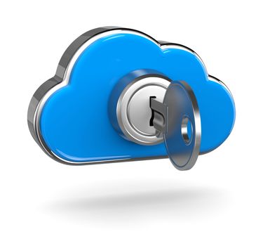 Metal Key Inserted in a Blue Cloud Shaped Lock 3D Illustration on White Background, Cloud Computing Security Concept