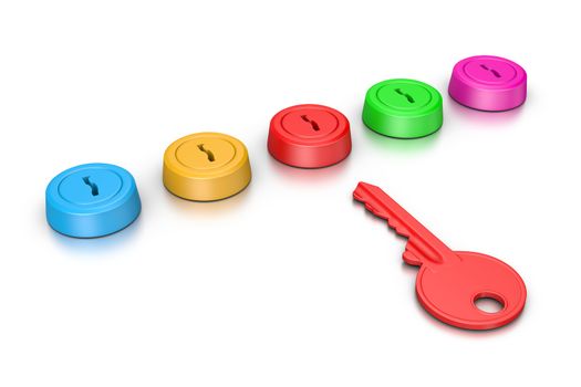 Single Red Key in Front of a Set of Colorful Locks on White Background 3D Illustration, Right Key Concept