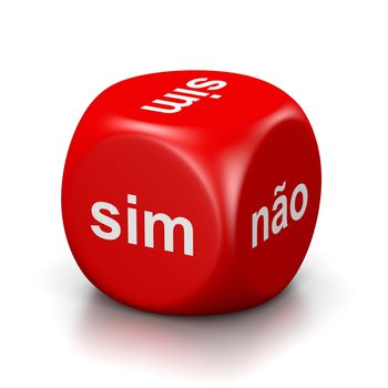 One Single Red Dice with Yes or No Portuguese Text on Faces on White Background 3D Illustration