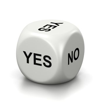 One Single White Dice with Yes or No English Text on Faces on White Background 3D Illustration