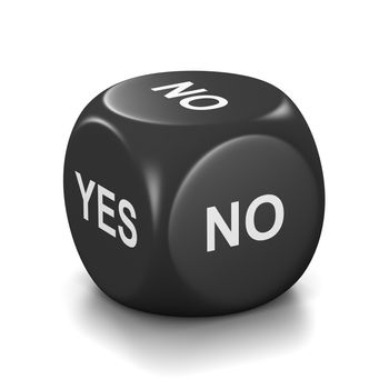 One Single Black Dice with Yes or No English Text on Faces on White Background 3D Illustration