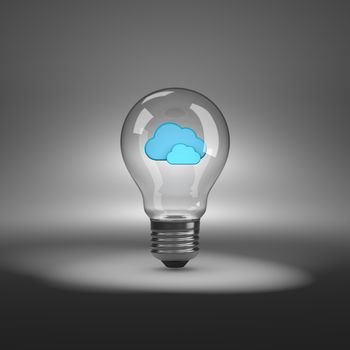 Light Bulb with Blue Clouds Shapes Inside under Spotlight 3D Illustration