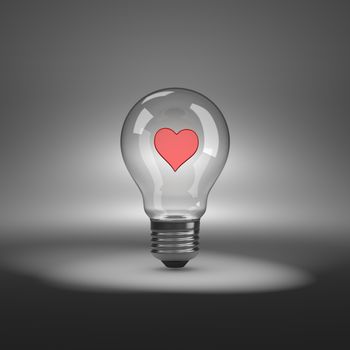 Light Bulb under Spotlight with Red Heart Shape Inside 3D Illustration